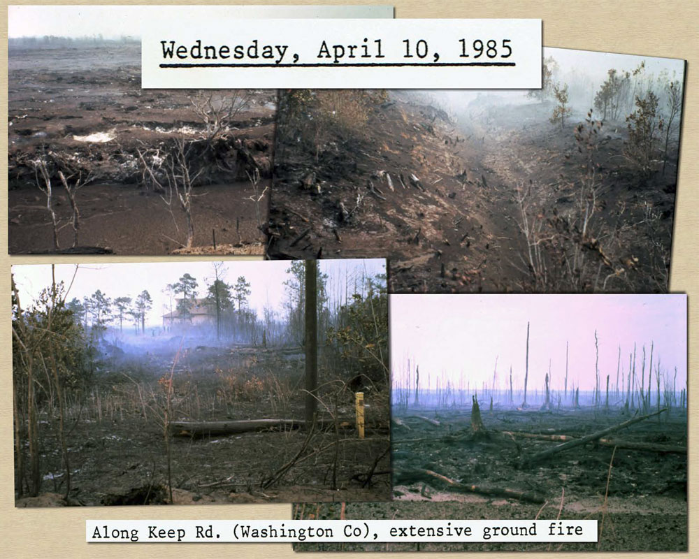 April 10, 1985: Photo of extensive ground fire damage along Keep Road in Washington County.