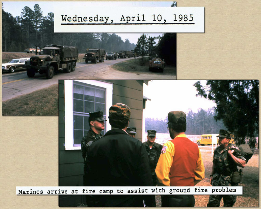 April 10, 1985: Photo of Marines arriving at fire camp to assist with fire suppression effort.
