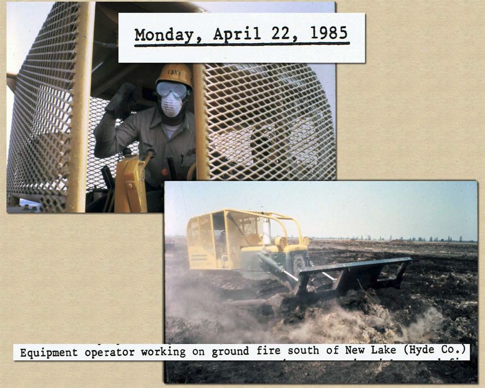 April 22, 1985: Photo of Equipment operator working on ground fire south of New Lake in Hyde County.
