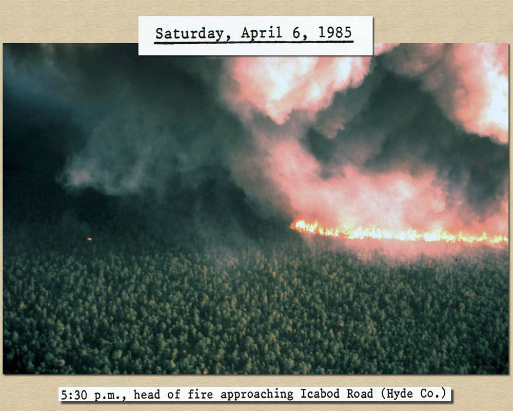 April 6, 1985 5:30 pm: Photo of Head of fire spreading rapidly towards Icabod Road