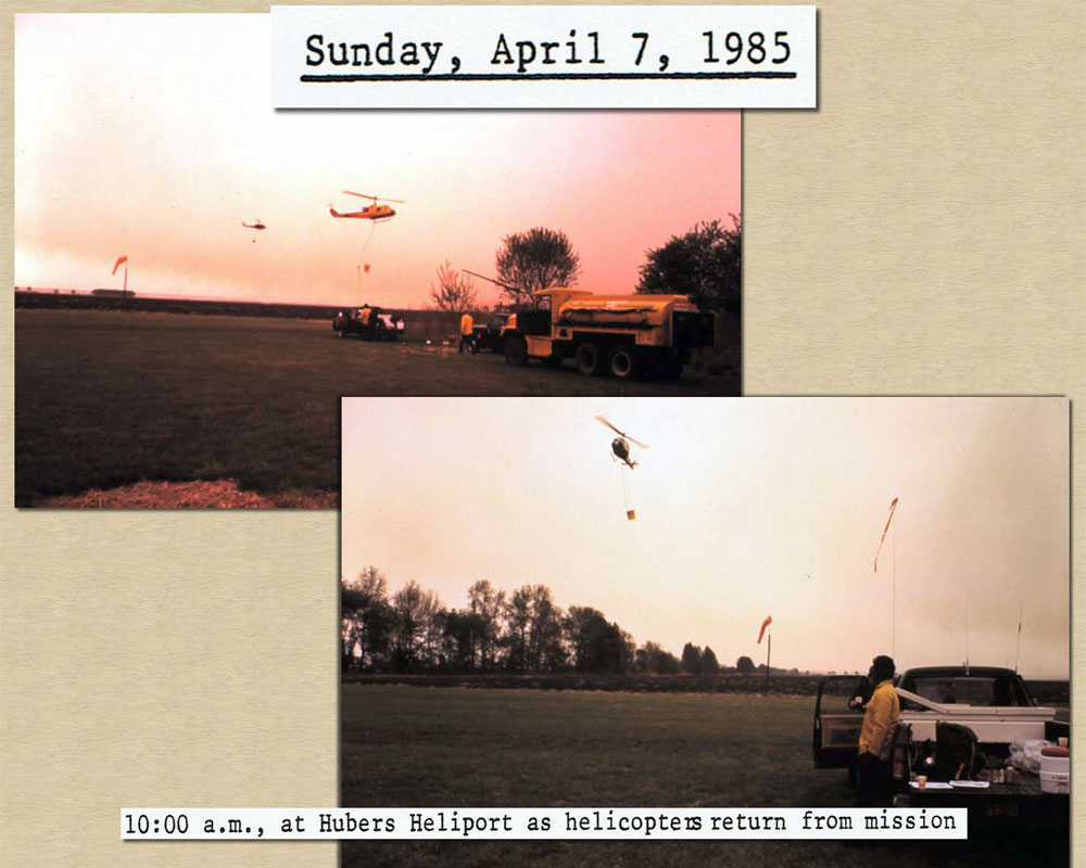 April 7, 1985 10:00 am: Photo of helicopters returning to Hubers Heliport after mission
