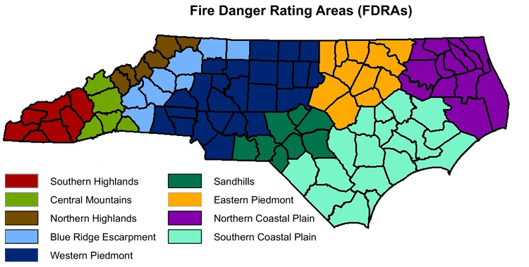 Map of NC Fire Danger Rating Areas