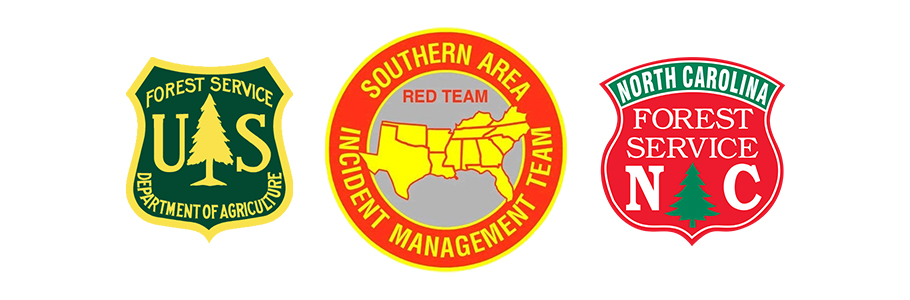 U.S. Forest Service shield, Southern Area Red Team IMT insignia, N.C. Forest Service shield